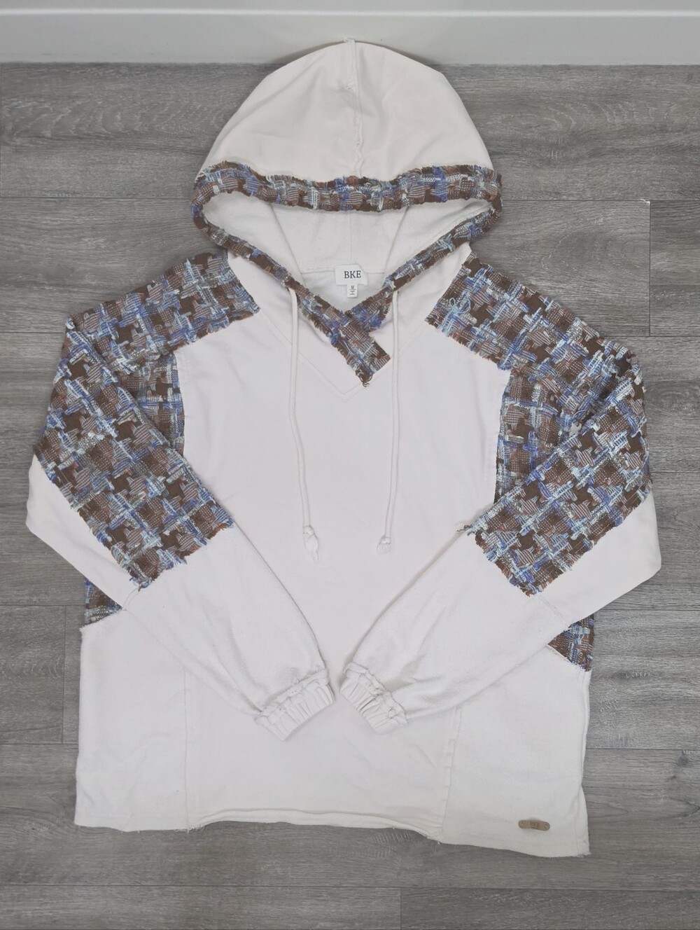 BKE Men's Light Cream Hoodie with Brown & Blue Plaid Accents